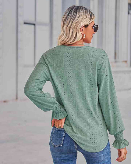 V-Neck Eyelet Flounce Sleeve Blouse