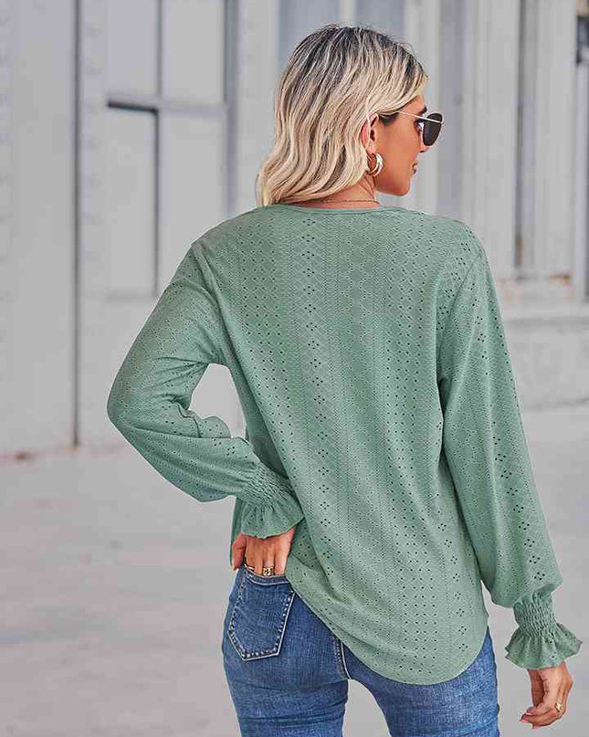 V-Neck Eyelet Flounce Sleeve Blouse