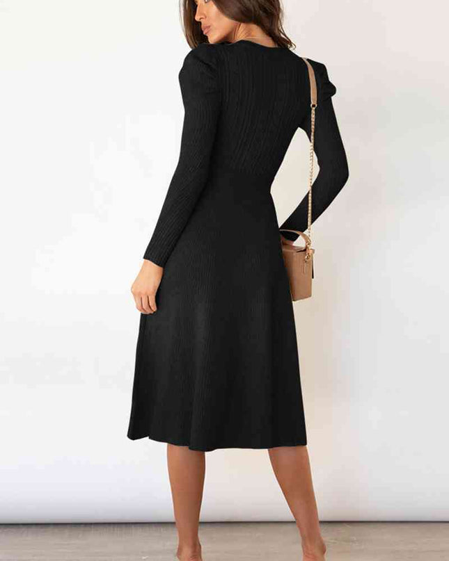 Round Neck Long Sleeve Tie Waist Sweater Dress