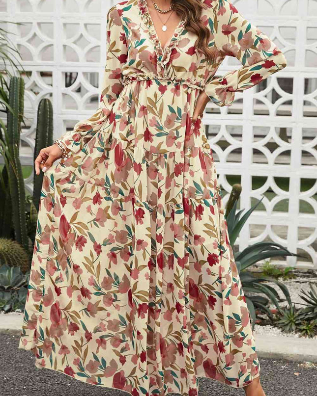 Floral Frill Trim Flounce Sleeve Plunge Maxi Dress