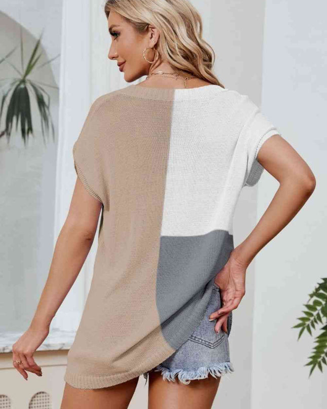Color Block V-Neck Knit Top