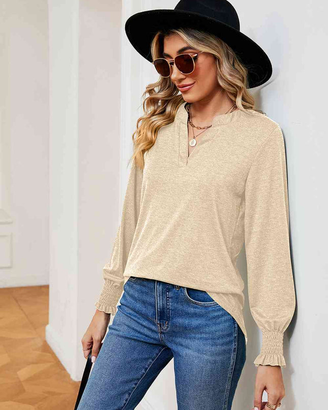 Notched Neck Long Sleeve Blouse