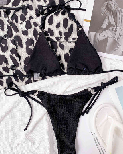 Textured Halter Neck Tie Side Bikini Set