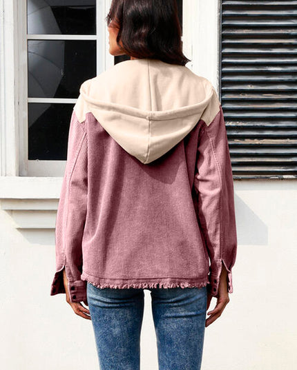 Contrast Drawstring Snap Down Raw Hem Hooded Jacket