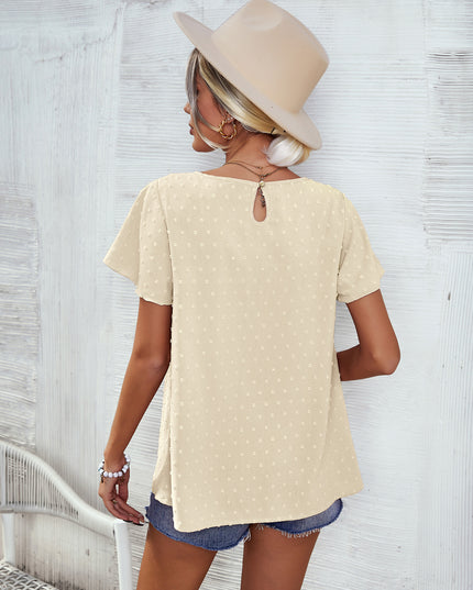 Swiss Dot Round Neck Flutter Sleeve Blouse