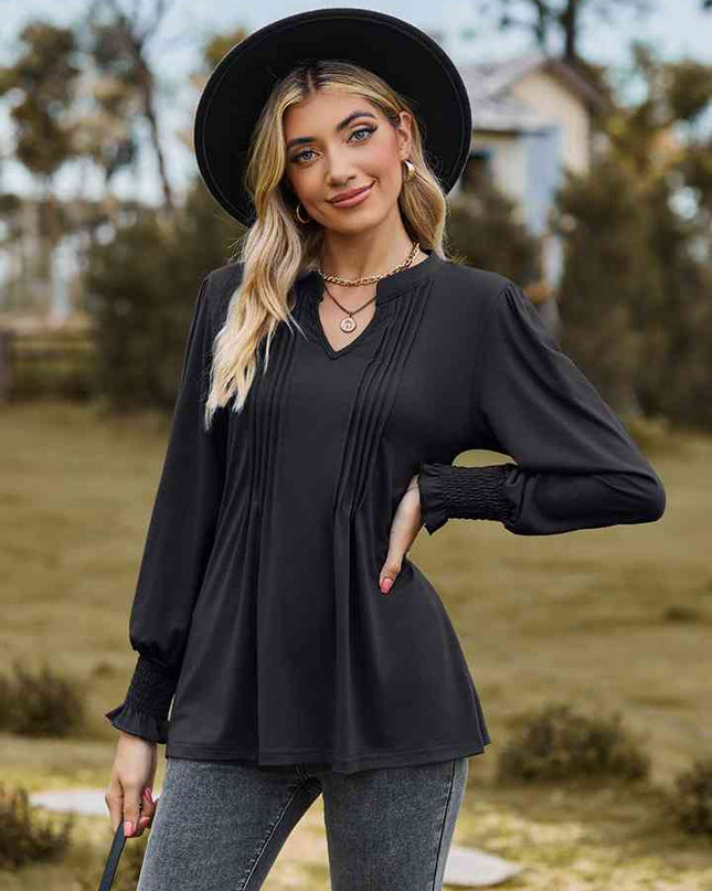 Notched Neck Flounce Sleeve Blouse
