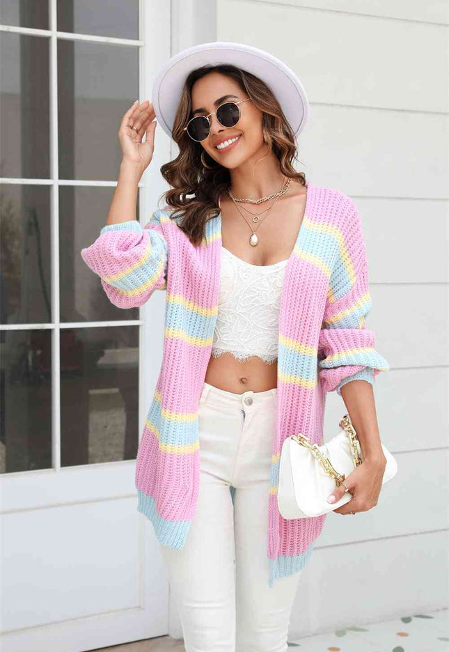 Color Block Ribbed Dropped Shoulder Open Front Cardigan