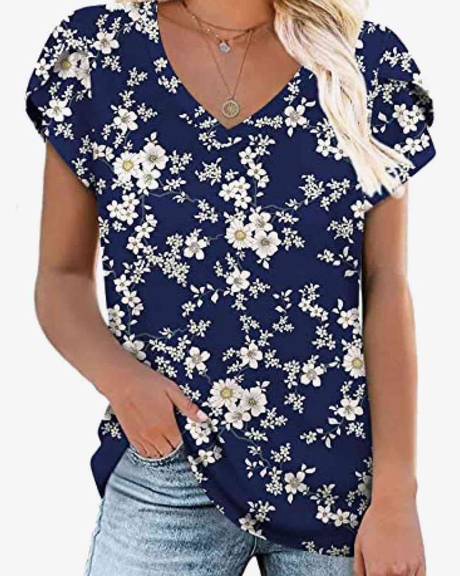 Printed Petal Sleeve V-Neck Blouse
