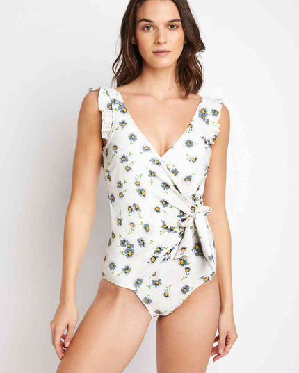 Marina West Swim Float On Ruffle Faux Wrap One-Piece in Daisy Cream