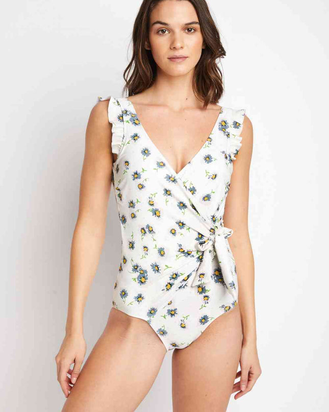 Marina West Swim Float On Ruffle Faux Wrap One-Piece in Daisy Cream