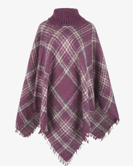 Plaid Turtleneck Fringe Hem Poncho