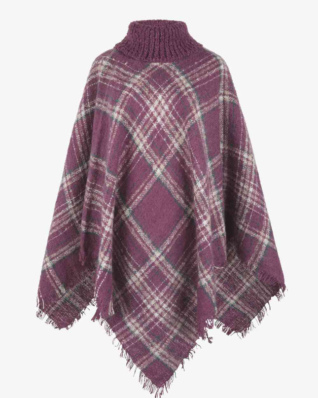 Plaid Turtleneck Fringe Hem Poncho
