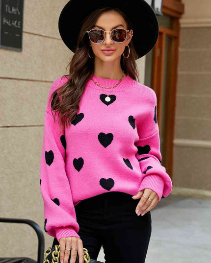 Woven Right Heart Pattern Lantern Sleeve Round Neck Tunic Sweater