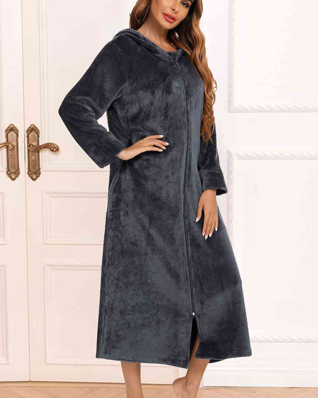 Zip Front Hooded Night Dress with Pockets
