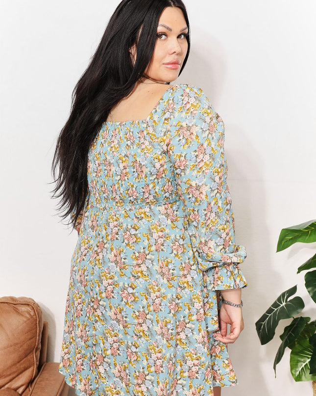 Double Take Floral Smocked Flounce Sleeve Square Neck Dress
