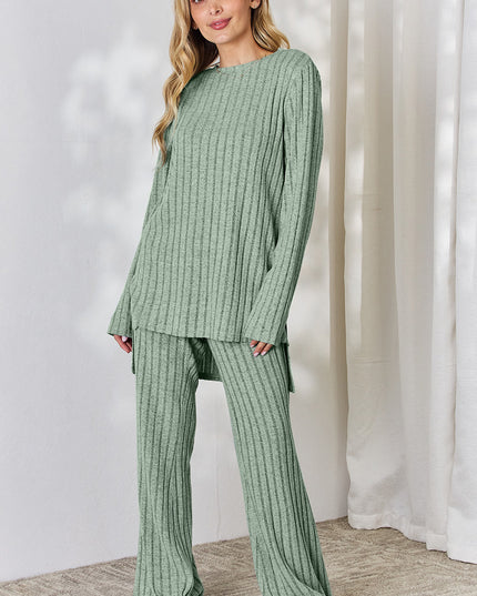 Basic Bae Full Size Ribbed High-Low Top and Wide Leg Pants Set