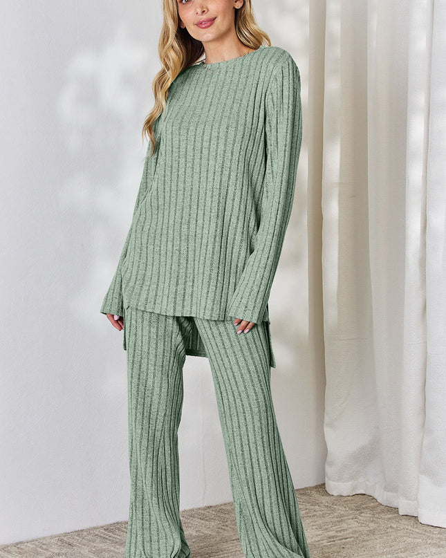 Basic Bae Full Size Ribbed High-Low Top and Wide Leg Pants Set