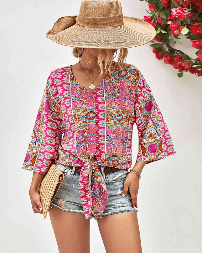 Tie Hem V-Neck Three-Quarter Sleeve Blouse