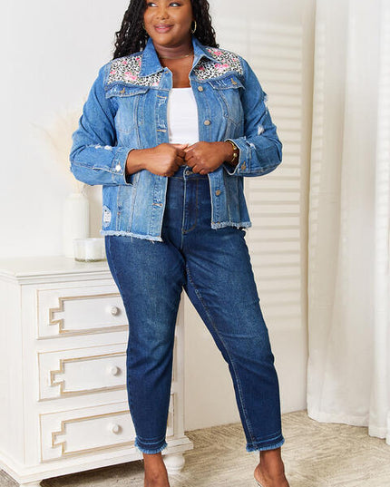 Baeful Leopard Floral Distressed Raw Hem Denim Jacket