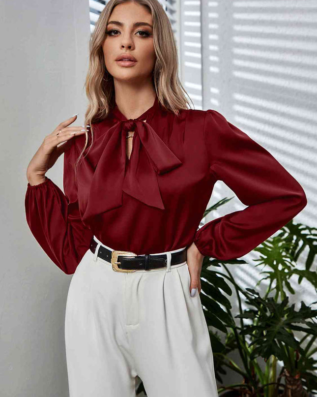 Tie Neck Long Puff Sleeve Blouse