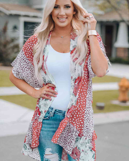 Mixed Print Ruffle Hem Kimono