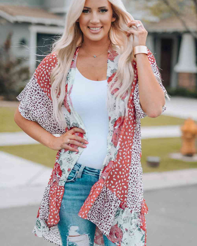 Mixed Print Ruffle Hem Kimono