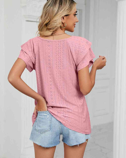 Eyelet Layered Flutter Sleeve V-Neck Knit Top