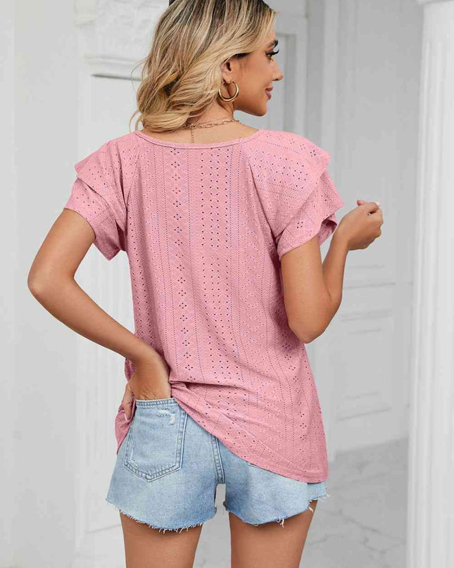 Eyelet Layered Flutter Sleeve V-Neck Knit Top