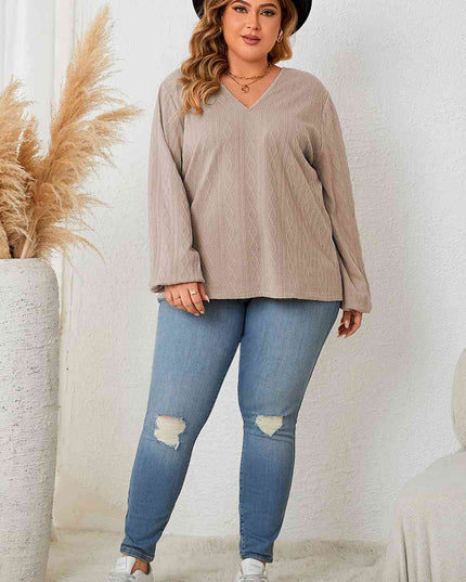 Plus Size Lace Detail V-Neck Long Sleeve Blouse