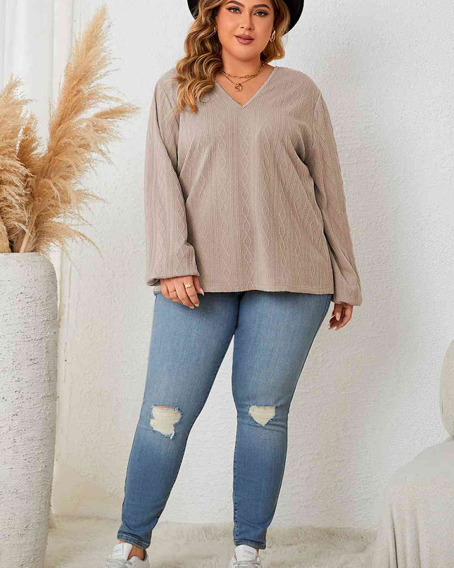 Plus Size Lace Detail V-Neck Long Sleeve Blouse