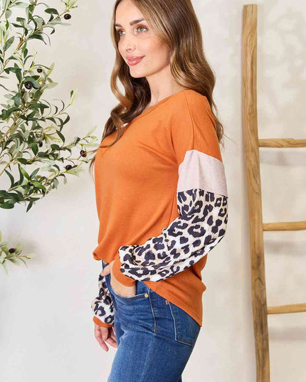 Double Take Leopard Long Sleeve Round Neck Sweatshirt
