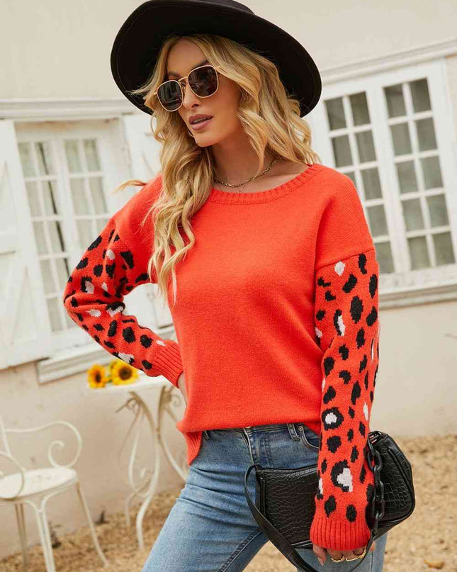 Woven Right Printed Dropped Shoulder Round Neck Sweater