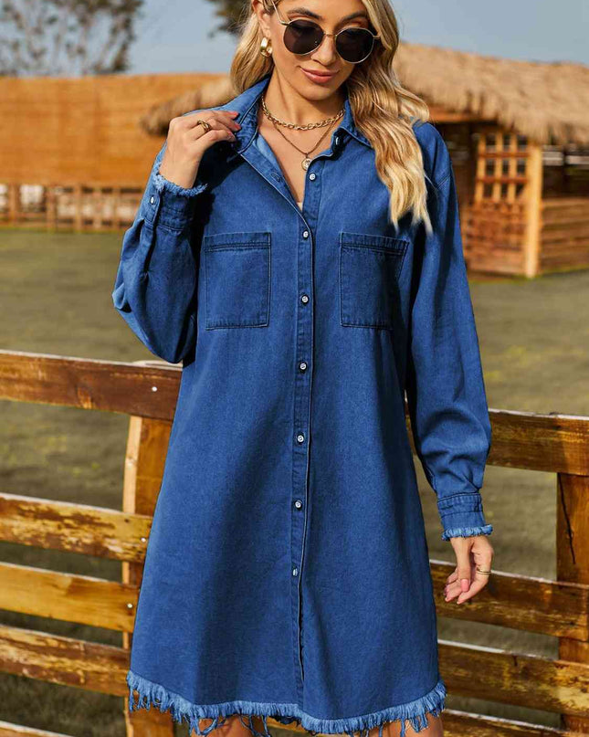 Button Up Collared Neck Raw Hem Denim Dress