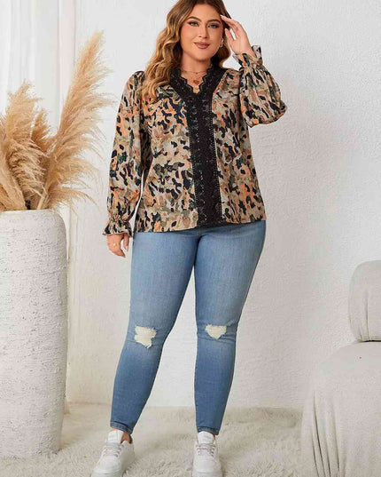 Plus Size Lace Trim Flounce Sleeve Blouse