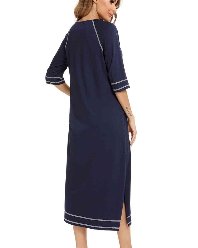 Zip Up Slit Round Neck Night Dress with Pockets