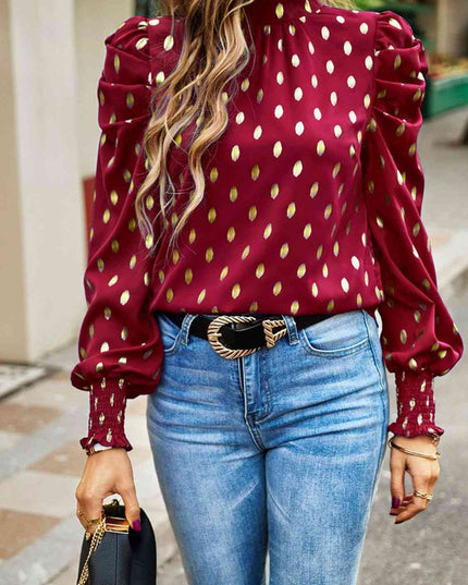 Printed Mock Neck Lantern Sleeve Blouse