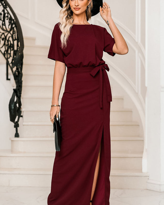 Belted Split Round Neck Dress