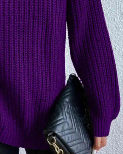Full Size Turtleneck Rib-Knit Slit Sweater