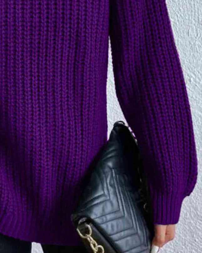 Full Size Turtleneck Rib-Knit Slit Sweater
