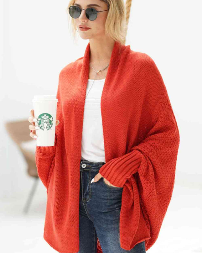 Double Take Dolman Sleeve Open Front Ribbed Trim Longline Cardigan