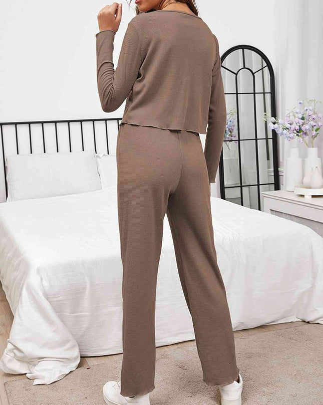 Button Front Long Sleeve Top and Pants Lounge Set