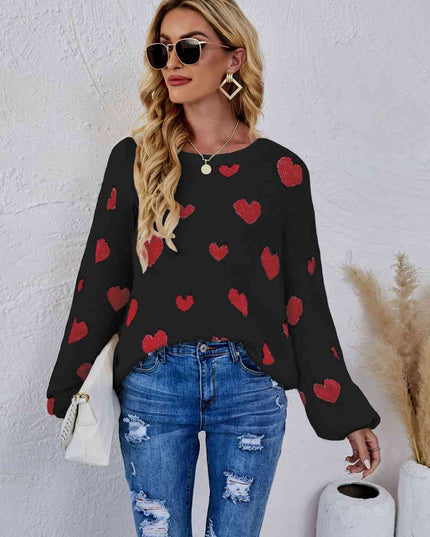 Woven Right Heart Print Fuzzy Crewneck Long Sleeve Sweater