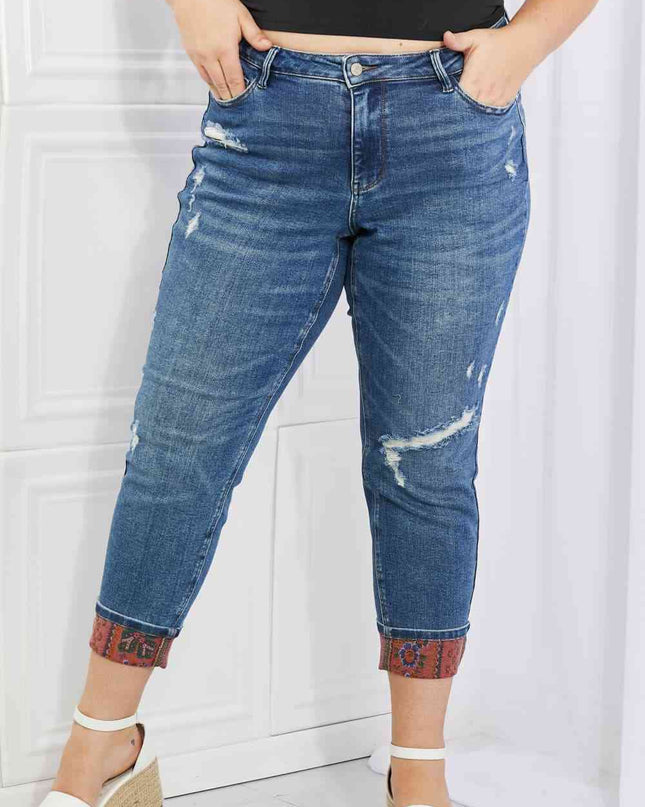 Judy Blue Gina Full Size Mid Rise Paisley Patch Cuff Boyfriend Jeans