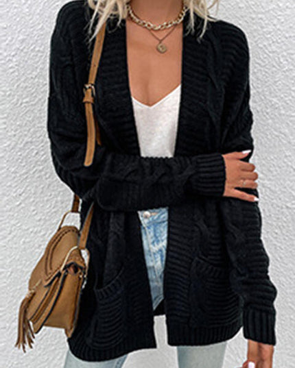 Cable-Knit Open Front Cardigan with Pockets