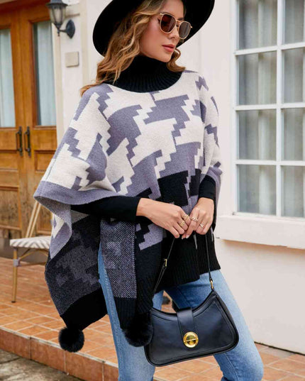Turtleneck Pom-Pom Trim Poncho