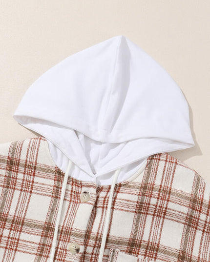 Plaid Drawstring Button Up Long Sleeve Hooded Jacket