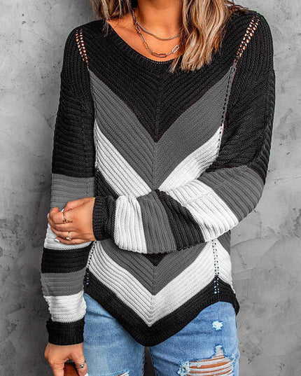 Eyelet Color Block Long Sleeve Sweater