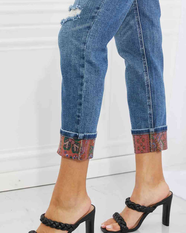 Judy Blue Gina Full Size Mid Rise Paisley Patch Cuff Boyfriend Jeans