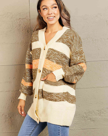 Woven Right Striped Button Down Longline Cardigan with Pockets