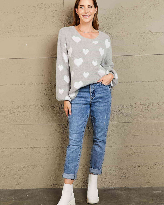 Woven Right Heart Print Fuzzy Crewneck Long Sleeve Sweater